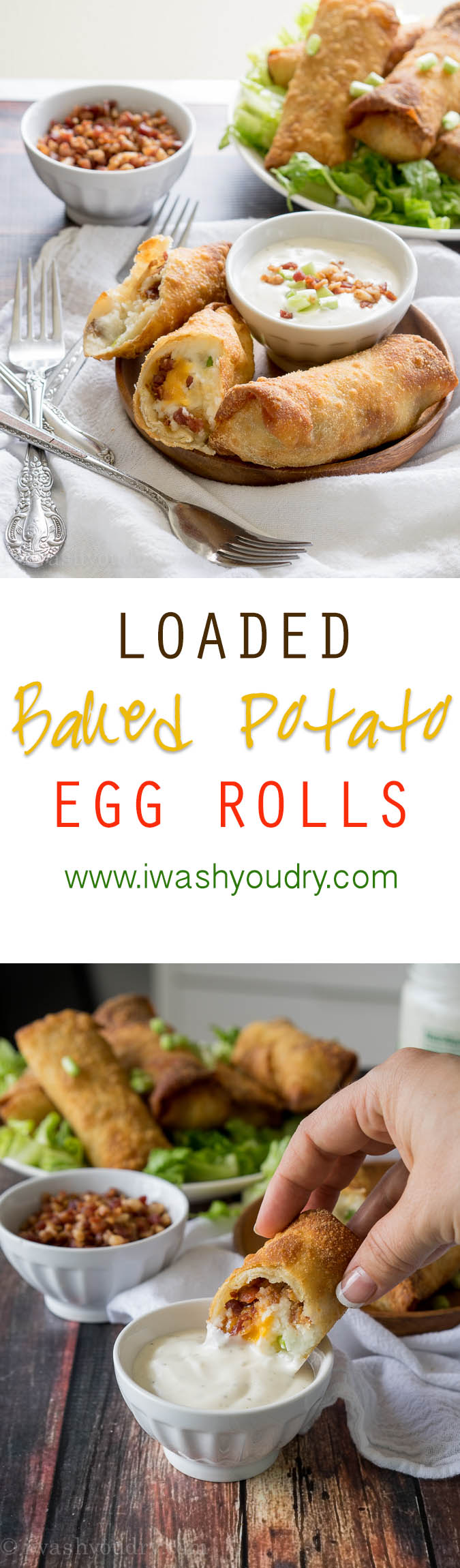 Fully Loaded Baked Potato Egg Rolls! Best idea ever, they taste like a giant french fry that's stuffed with flavorful potatoes, cheese and bacon!!