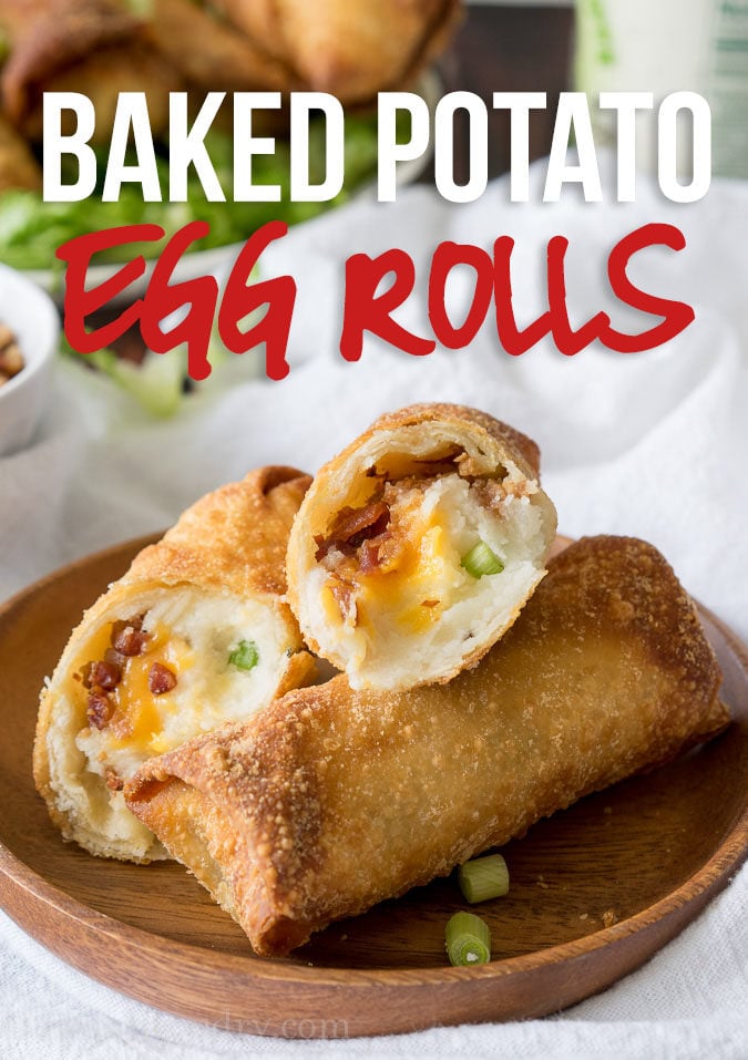 These Loaded Baked Potato Egg Rolls are the perfect appetizer recipe for game day! Great with leftover mashed potatoes too!