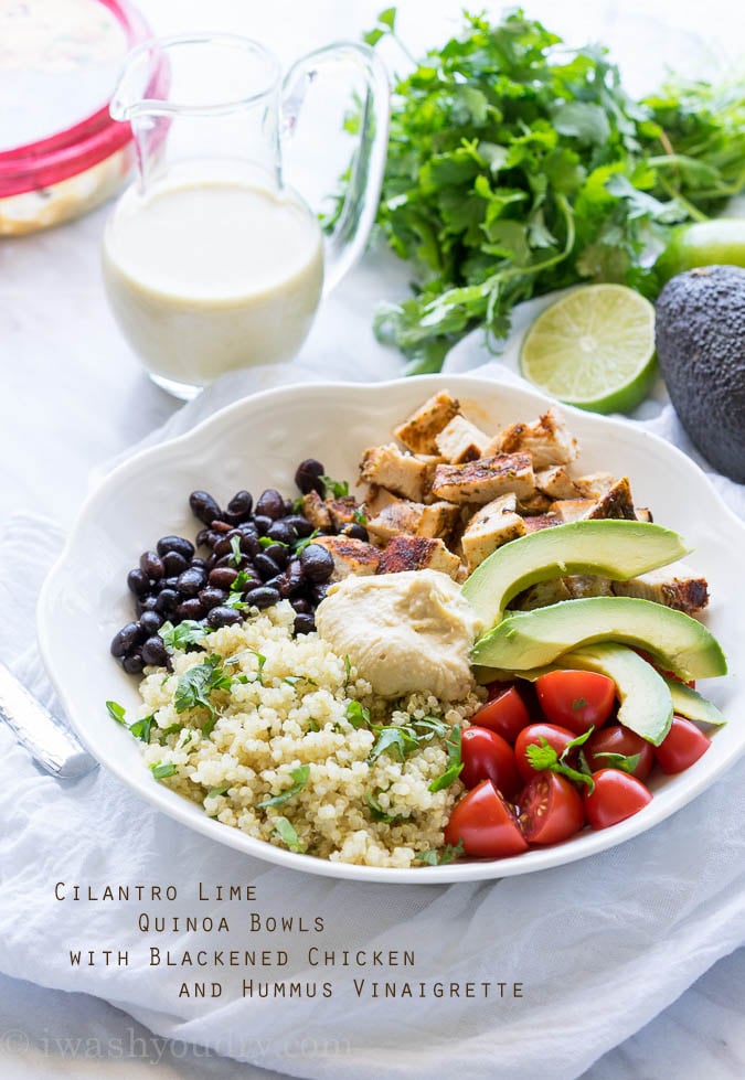 Cilantro Lime Quinoa Bowls with Hummus Vinaigrette and Blackened Chicken