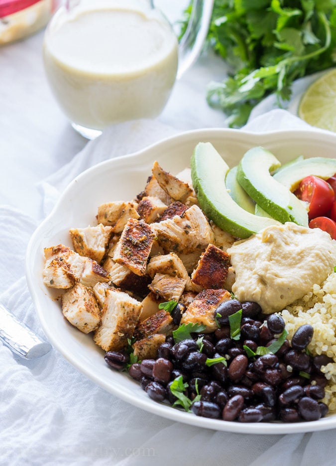 Cilantro Lime Quinoa Bowls with Hummus Vinaigrette and Blackened Chicken