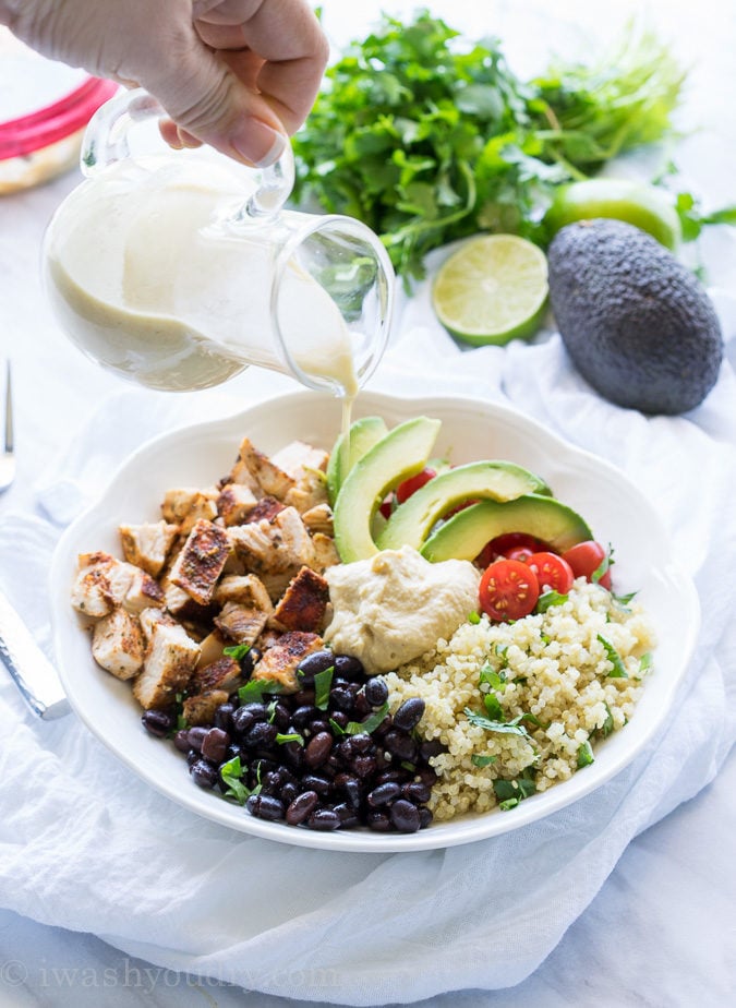 Cilantro Lime Quinoa Bowls with Hummus Vinaigrette and Blackened Chicken