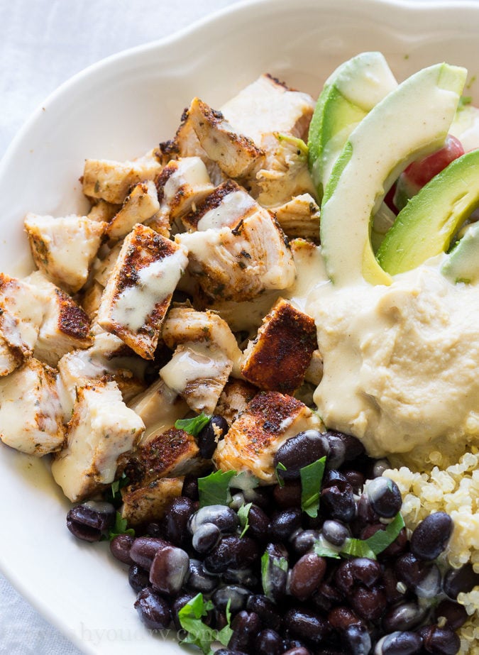 Cilantro Lime Quinoa Bowls with Hummus Vinaigrette and Blackened Chicken