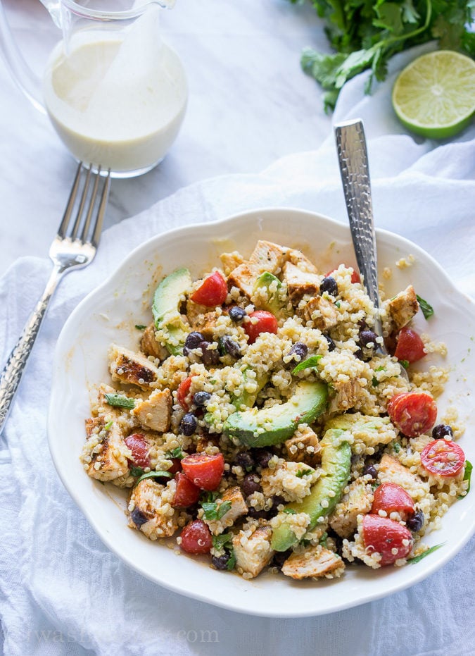 Cilantro Lime Quinoa Bowls with Hummus Vinaigrette and Blackened Chicken