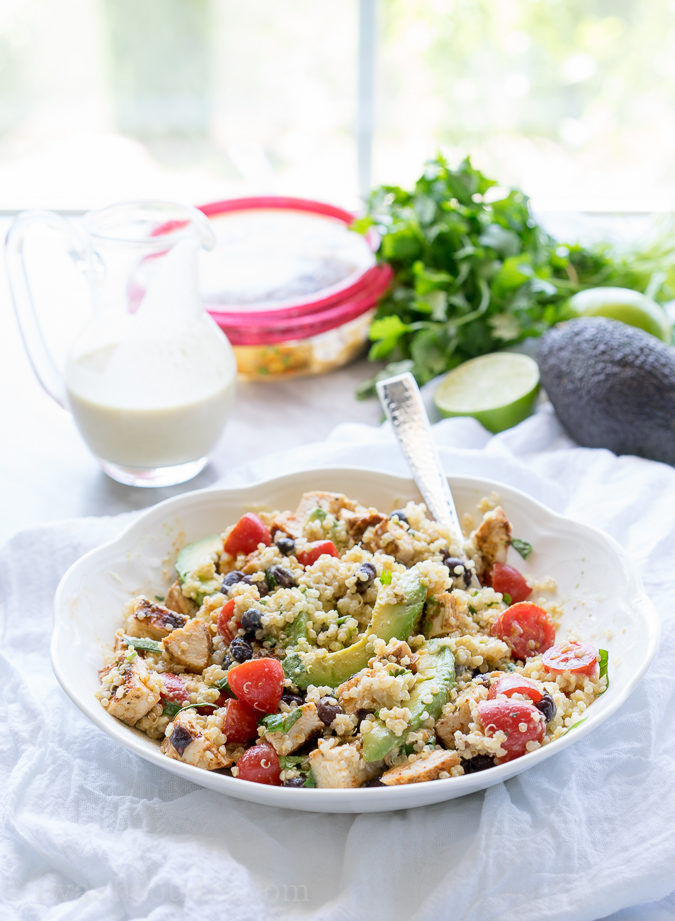 Cilantro Lime Quinoa Bowls with Hummus Vinaigrette and Blackened Chicken