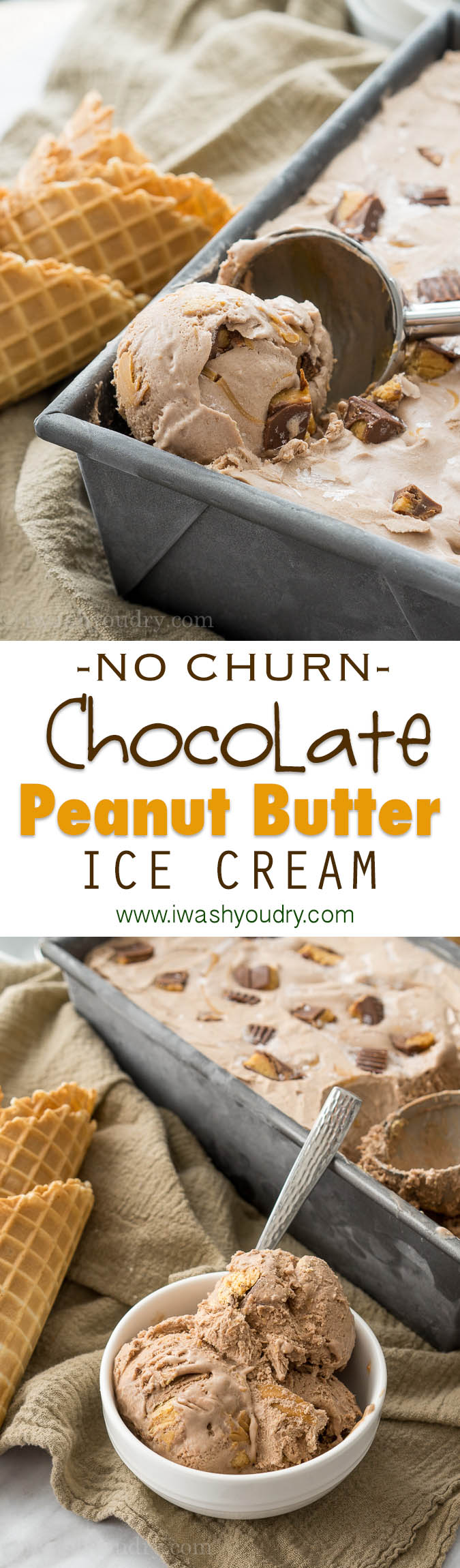 The easiest 5 ingredient, No Churn, Chocolate Peanut Butter Ice Cream! So creamy and delicious!