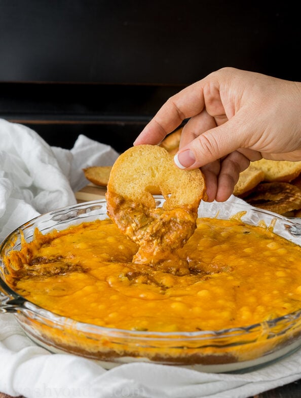 Cheesy Chili Taco Dip with Homemade Bagel Crisps