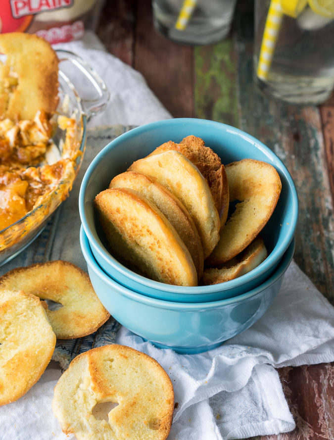 Cheesy Chili Taco Dip with Homemade Bagel Crisps