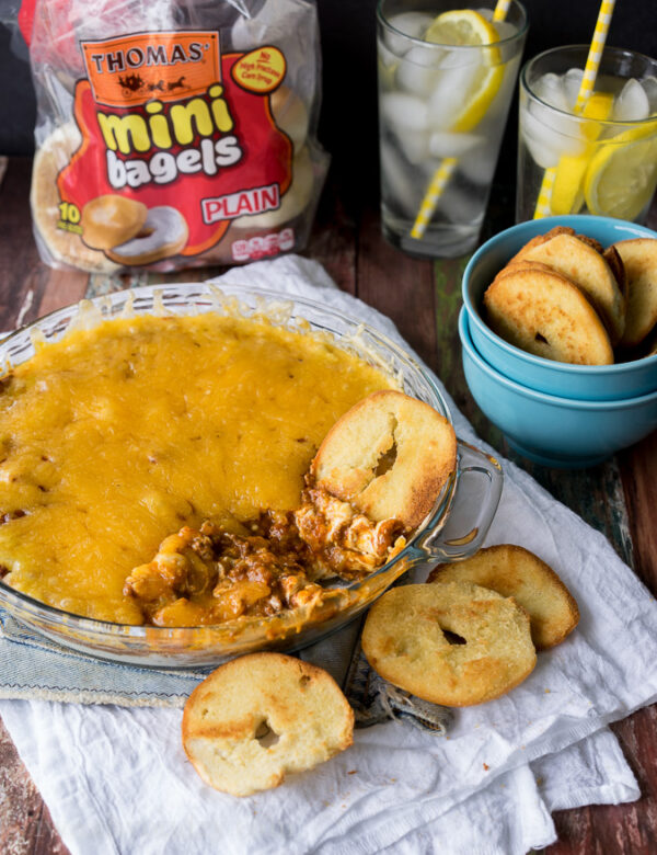 Cheesy Chili Taco Dip with Homemade Bagel Crisps