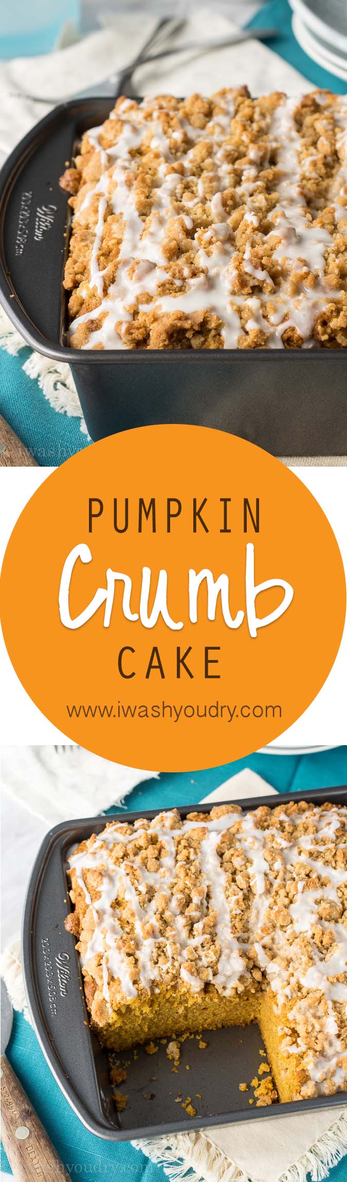 The most soft and delicious Pumpkin Crumb Cake with a sweet icing drizzled over a mound of delicious crumb topping! Such a great cake for this Fall!