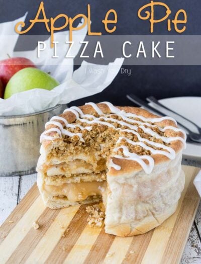 Apple Pie Pizza Cake! Layers of apple pie filling and brown sugar-oat crumble between layers of pizza dough!