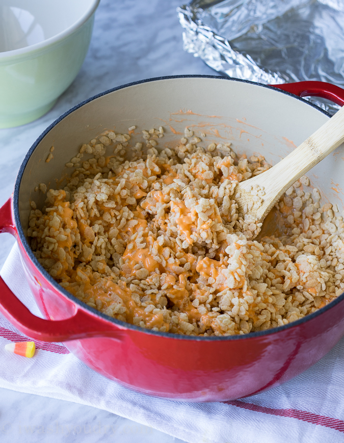 I have never had such a soft and chewy rice krispie treat until I made these glorious Candy Corn Rice Krispies Treats. This is the best recipe!