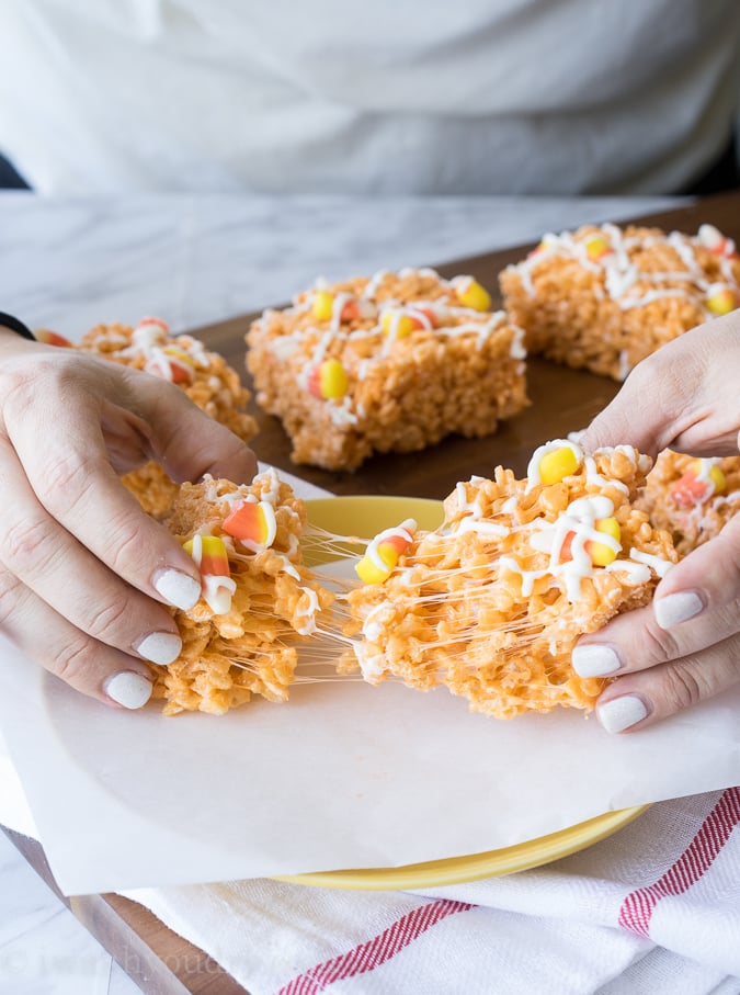 I have never had such a soft and chewy rice krispie treat until I made these glorious Candy Corn Rice Krispies Treats. This is the best recipe!