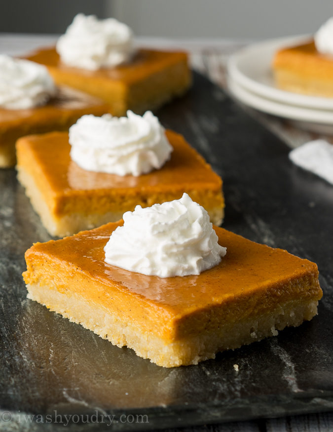 OMG! These Pumpkin Pie Bars are seriously the best ever! The crust is like a shortbread cookie, and they are perfect for taking to potlucks and parties! Everyone always asks for the recipe!