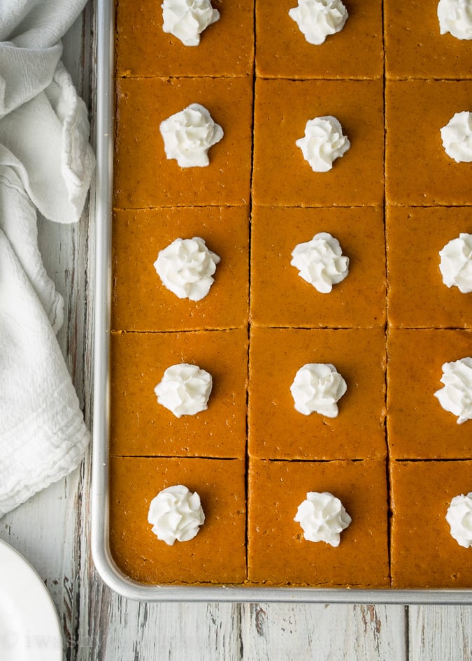 OMG! These Pumpkin Pie Bars are seriously the best ever! The crust is like a shortbread cookie, and they are perfect for taking to potlucks and parties! Everyone always asks for the recipe!