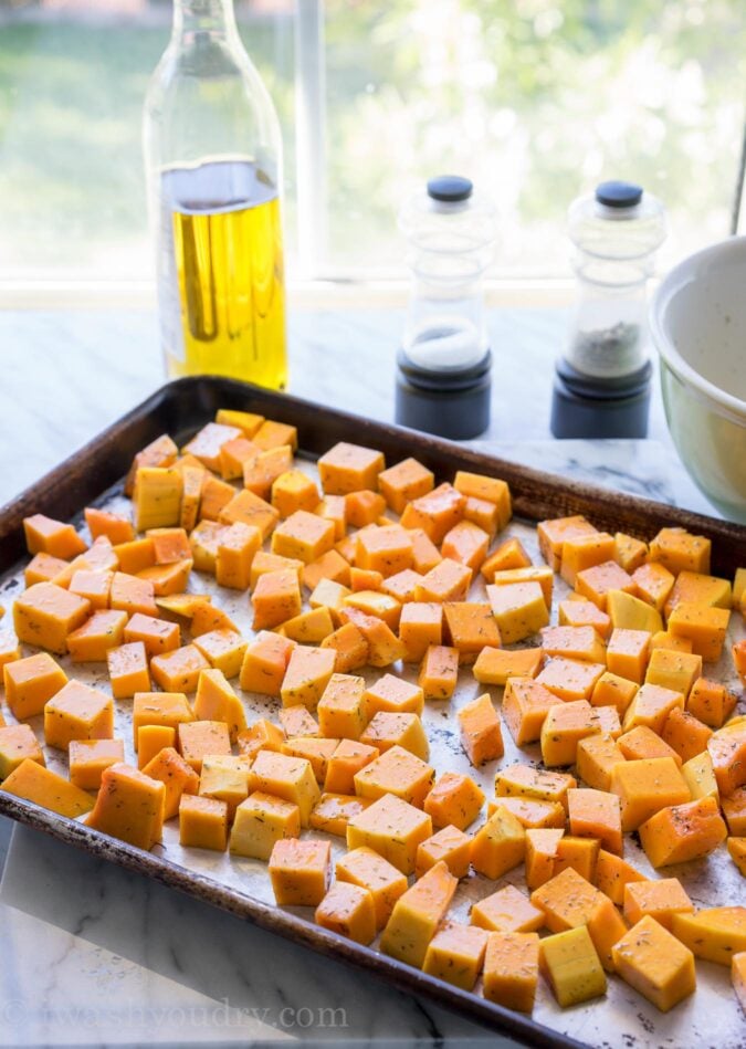 I love this recipe on how to roast butternut squash cubes! So great for adding to salads!