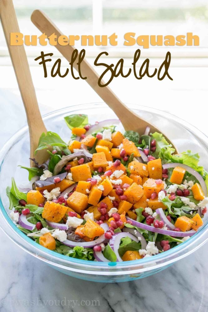 This super easy Butternut Squash Fall Salad is filled with pomegranate, feta cheese, purple onion and roasted butternut squash! It's such a great salad recipe to have on hand! 