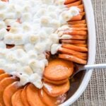 This No Boil Candied Sweet Potato Casserole is a crazy simple side dish recipe that's perfect for Thanksgiving or Christmas! I love this easy method of cooking the sweet potatoes!