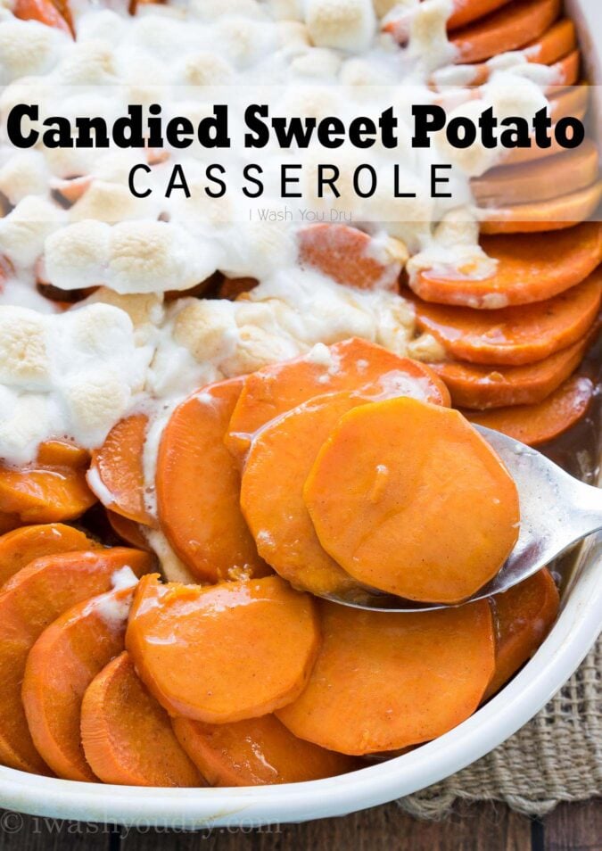 This No Boil Candied Sweet Potato Casserole is a crazy simple side dish recipe that's perfect for Thanksgiving or Christmas! I love this easy method of cooking the sweet potatoes! 
