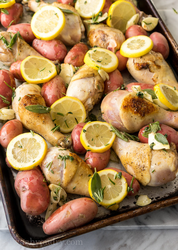 This super easy Lemon and Herb Roasted Chicken dinner recipe is a staple in our house. Everything is cooked in one pan for an easy weeknight dinner!