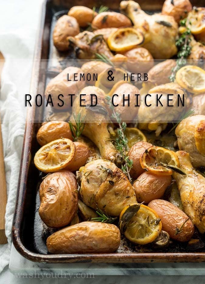 This super easy Lemon and Herb Roasted Chicken dinner recipe is a staple in our house. Everything is cooked in one pan for an easy weeknight dinner!