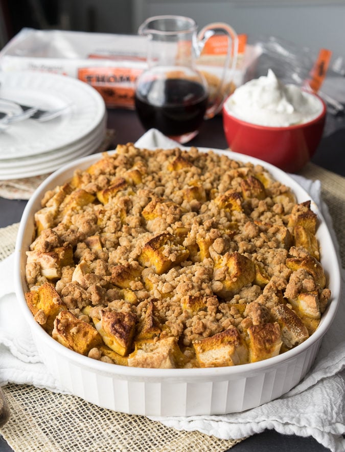 This Pumpkin French Toast Bake is filled with a delicious pumpkin pie flavor and topped with a gorgeous crumb topping. It's a family breakfast casserole type recipe that we can't get enough of! 