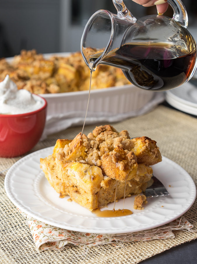This Pumpkin French Toast Bake is filled with a delicious pumpkin pie flavor and topped with a gorgeous crumb topping. It's a family breakfast casserole type recipe that we can't get enough of! 