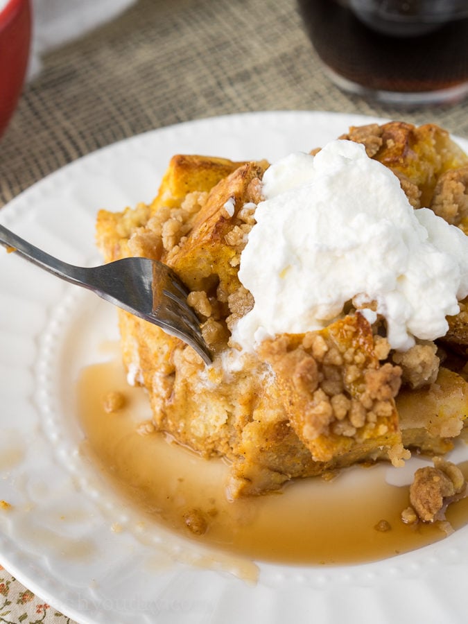 This Pumpkin French Toast Bake is filled with a delicious pumpkin pie flavor and topped with a gorgeous crumb topping. It's a family breakfast casserole type recipe that we can't get enough of! 