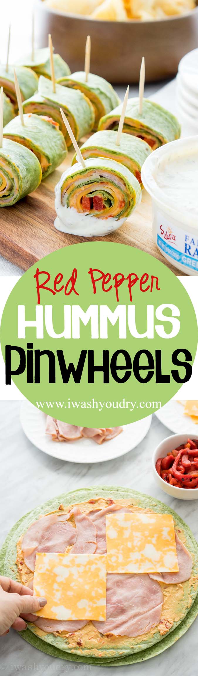 These Roasted Red Bell Pepper Hummus Pinwheels are full of so much flavor and are the perfect appetizer for any game day! 