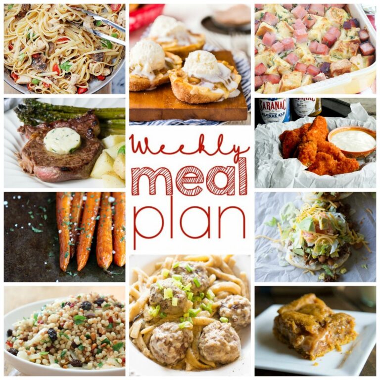 A grid of 10 different pictures of food with text in the center square