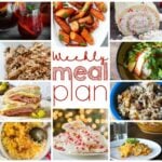 A grid of 10 different pictures of food with text in the center square