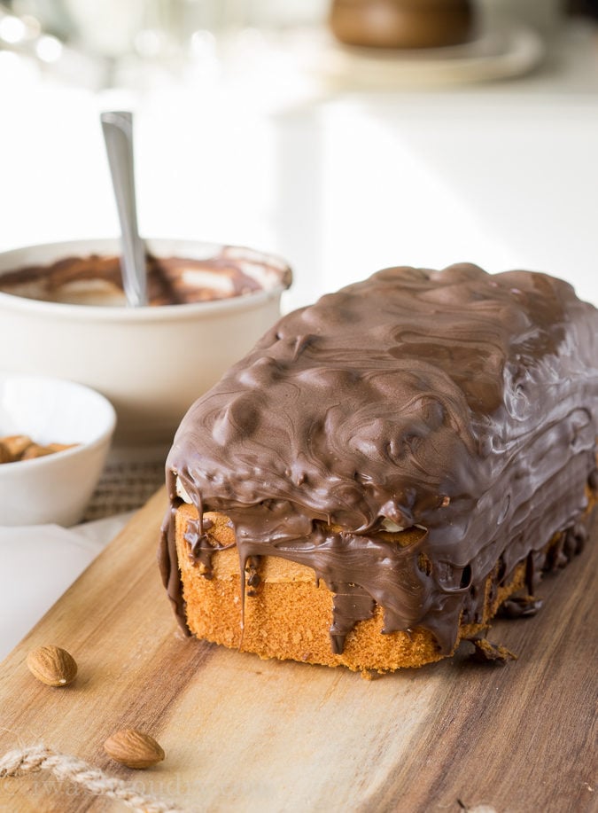 This Super Easy Almond Joy Pound Cake is almost too easy to make. I love how the almonds are put on! haha