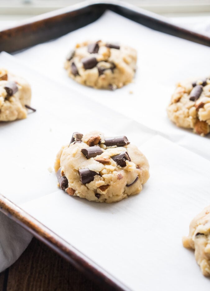 These Almond Toffee Chocolate Chip Cookies are soft and delicious and filled with chocolate chunks too!