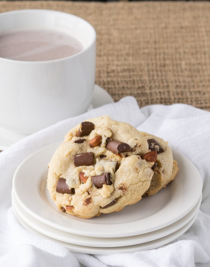 These Almond Toffee Chocolate Chip Cookies are soft and delicious and filled with chocolate chunks too!