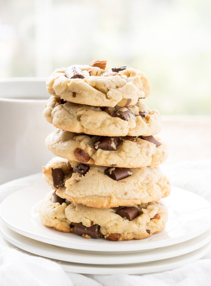 These Almond Toffee Chocolate Chip Cookies are soft and delicious and filled with chocolate chunks too!