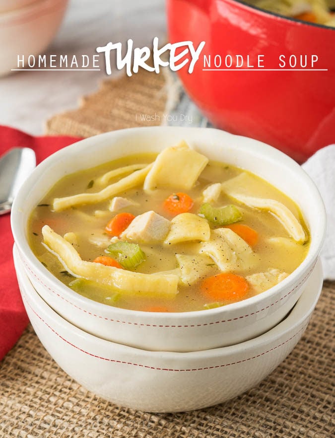 My family loves this Homemade Turkey Noodle Soup recipe! It's filled with homemade egg noodles (which are really easy to make), turkey (you can use chicken too), and lots of veggies!