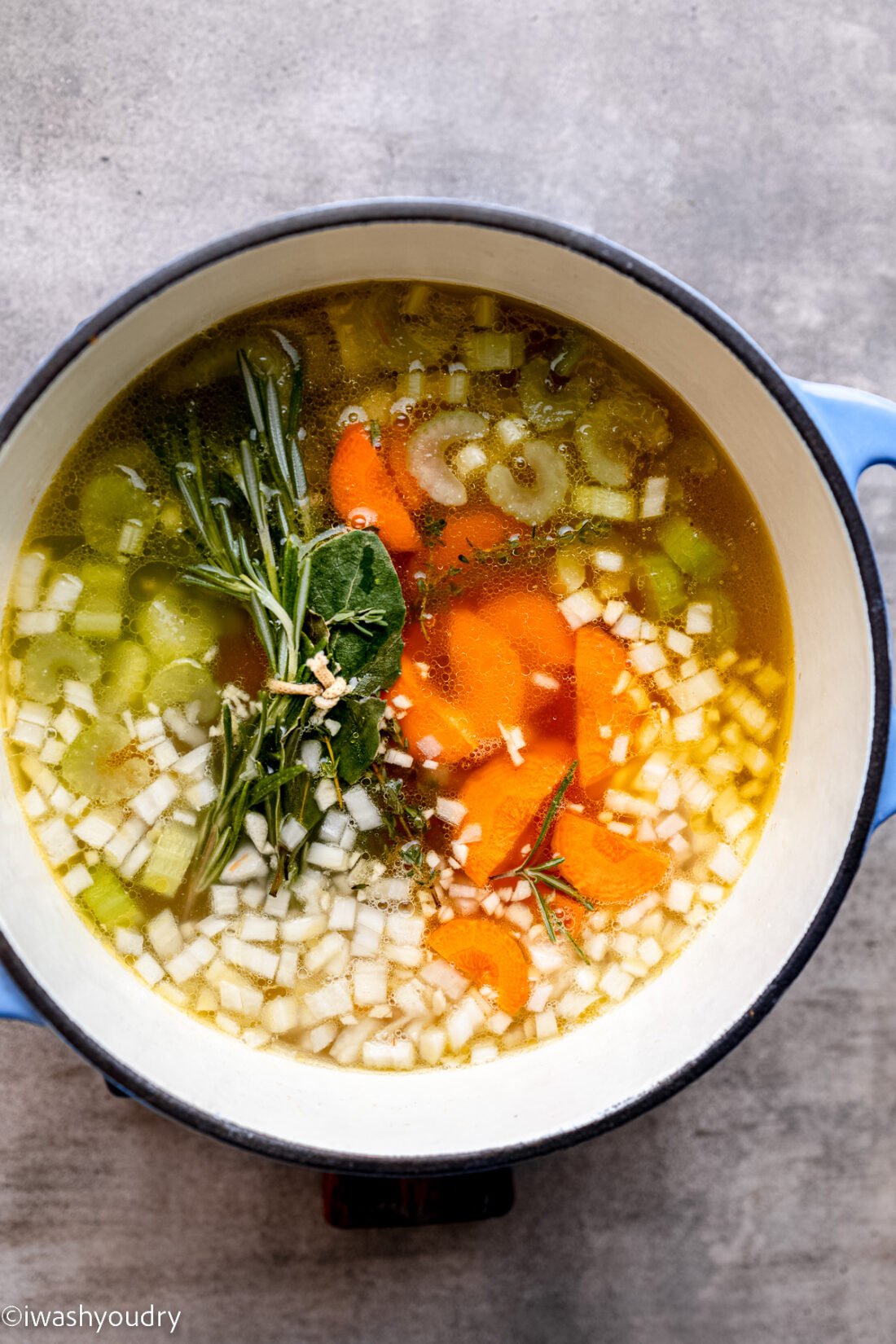 Cooked stock for turkey noodle soup. 