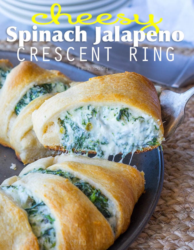 This Cheesy Spinach Jalapeño Crescent Ring is loaded with cream cheese, monterey jack cheese, spinach and diced pickled jalapeños. It's so easy to make and EVERYONE loves it! 