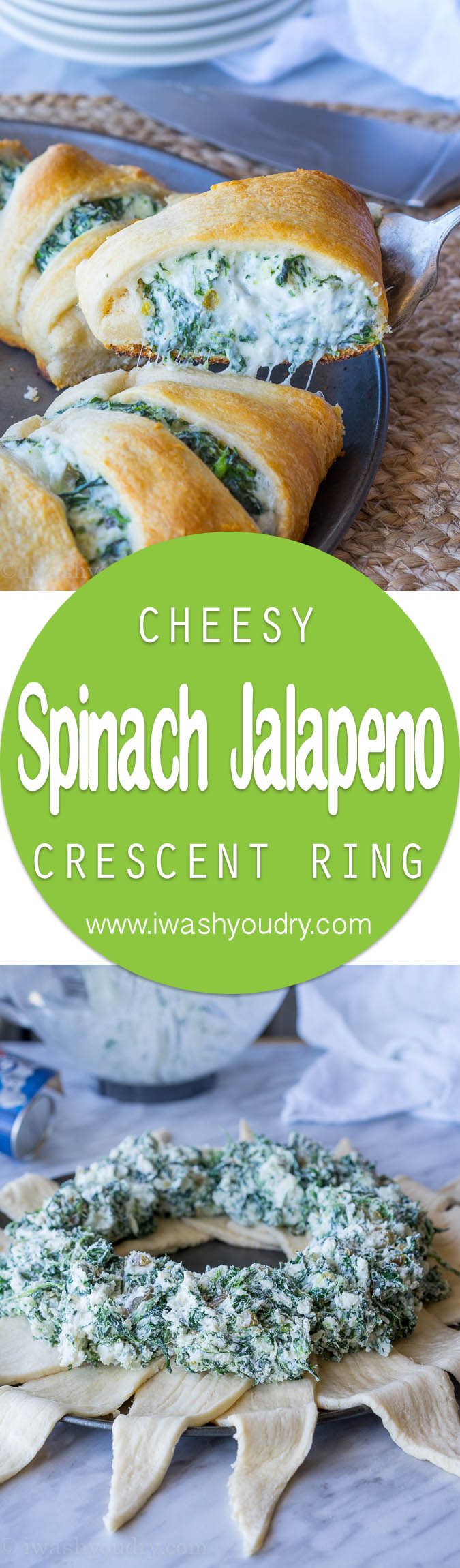 This Cheesy Spinach Jalapeño Crescent Ring is loaded with cream cheese, monterey jack cheese, spinach and diced pickled jalapeños. It's so easy to make and EVERYONE loves it! 