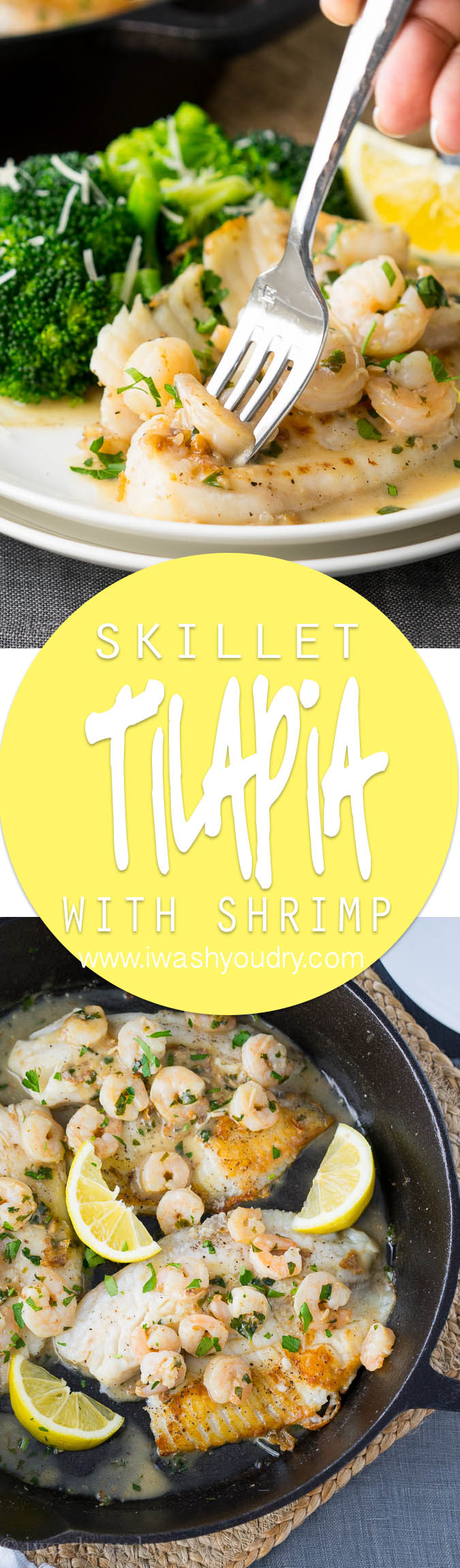 This quick and easy Skillet Tilapia with Shrimp is made in just one skillet and have an outrageously good white wine lemon pan sauce! My whole family loved this! 