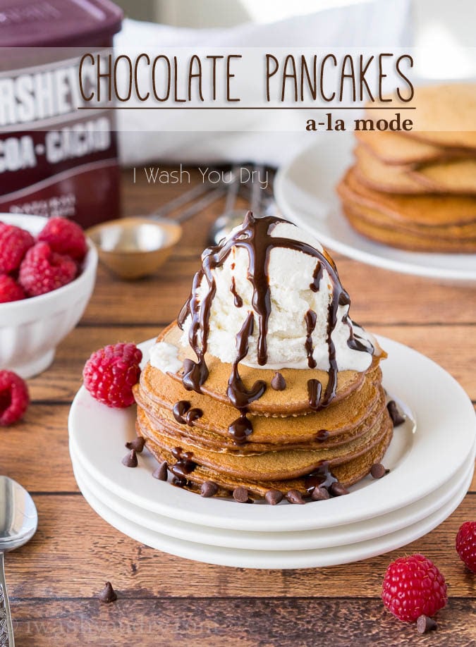 These Chocolate Pancakes are just a few simple ingredients and are made extra special with a scoop of vanilla ice cream and drizzle of chocolate syrup! 