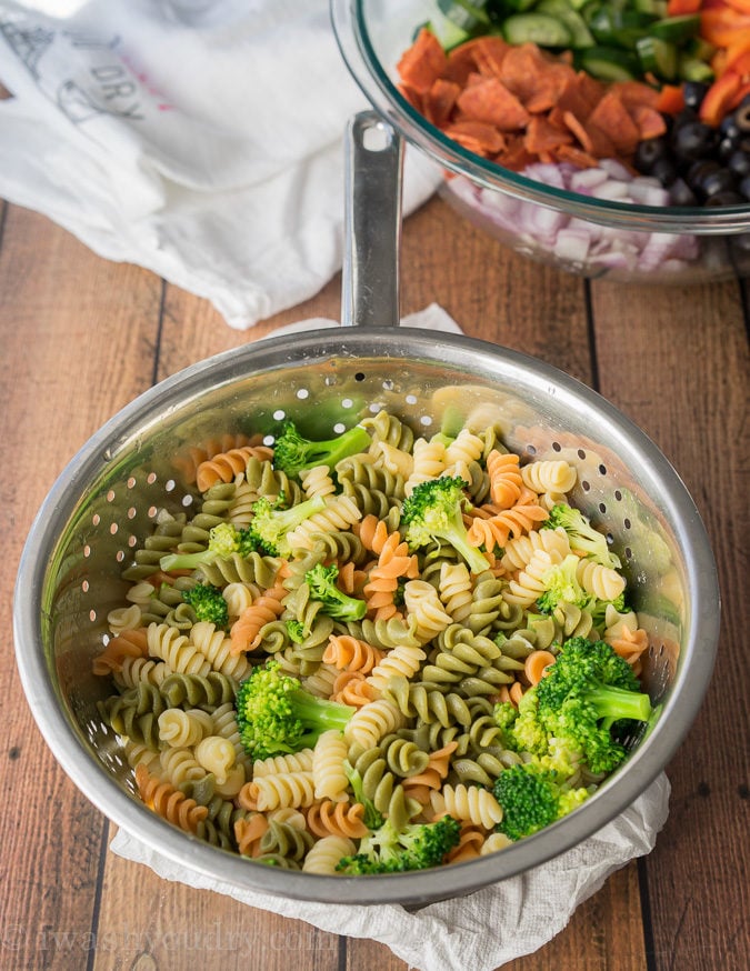 This Classic Italian Pasta Salad is so easy to make, but ALWAYS a favorite whenever I bring it to parties. Everyone always asks for the recipe and there is never any leftovers!