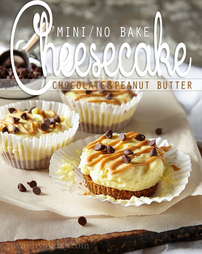 These Mini No Bake Chocolate Peanut Butter Cheesecakes have a Reese's Puffs cereal crust with a creamy vanilla bean cheesecake and a swirl of peanut butter on top. So easy and totally delicious!
