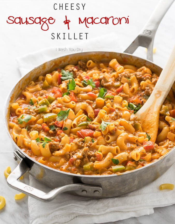 This Cheesy Sausage and Macaroni Skillet dinner recipe is super quick and easy, perfect for busy weeknights!