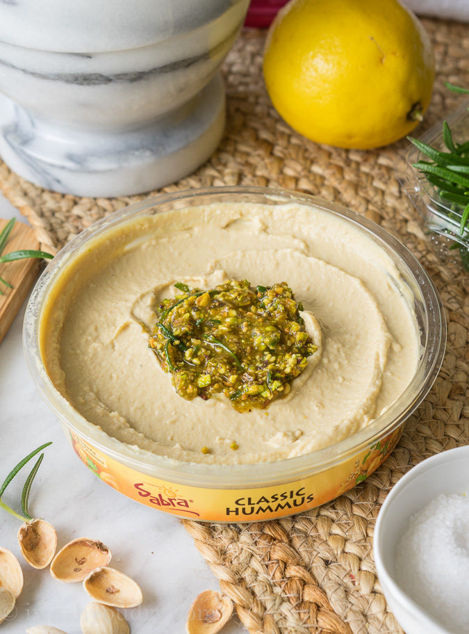 The bold and delicious flavors of Pistachio, Rosemary and Lemon come together in a tasty hummus topping that no one can resist when placed on top of creamy Sabra hummus!