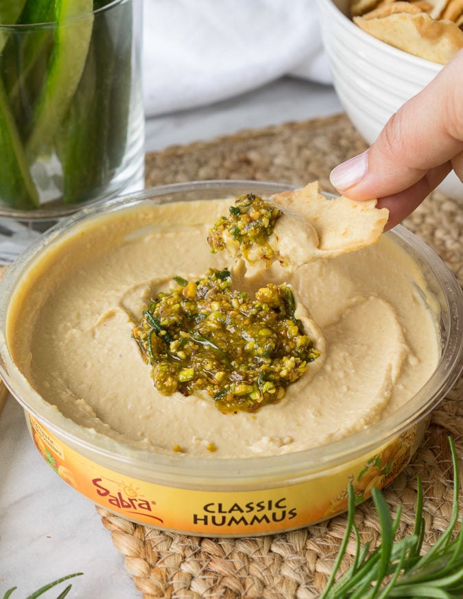 The bold and delicious flavors of Pistachio, Rosemary and Lemon come together in a tasty hummus topping that no one can resist when placed on top of creamy Sabra hummus!