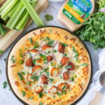 The combination of Buffalo Wings and Pizza in a creamy and cheesy Buffalo Ranch Chicken Pizza! So good with Hidden Valley's new Buffalo Ranch dressing!