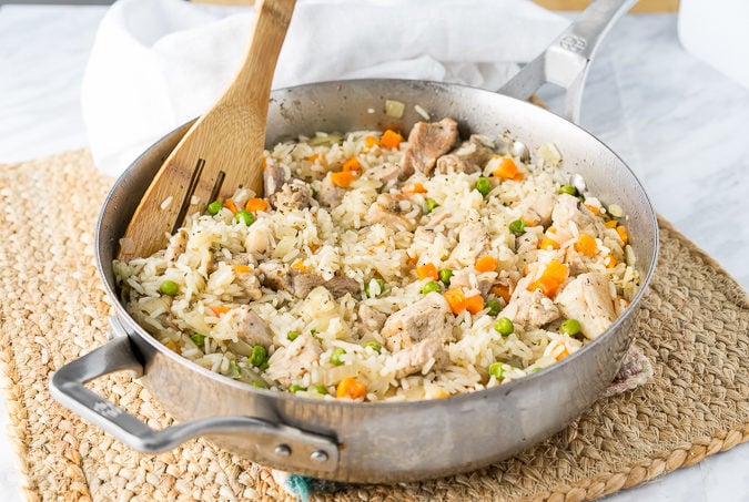 This Cheesy Pork and Rice Skillet is a complete meal all in one skillet! 