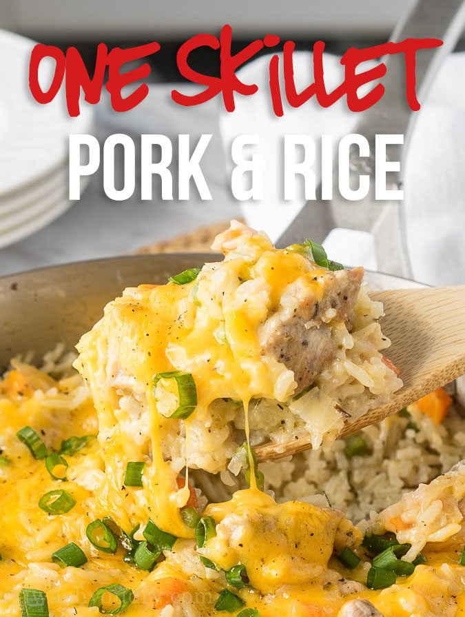 This Cheesy Pork and Rice Skillet is all made in just one pan for an easy and quick weeknight dinner!