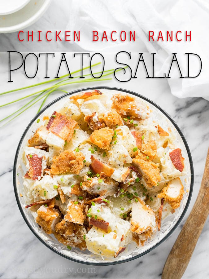 This Chicken Bacon Ranch Potato Salad is full of crispy chicken, bacon and creamy ranch dressing! Everyone loves this simple salad!