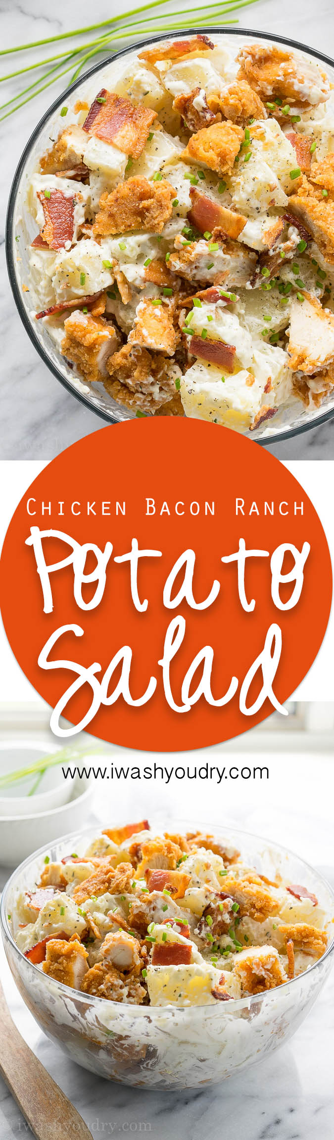 This Chicken Bacon Ranch Potato Salad is full of crispy chicken, bacon and creamy ranch dressing! Everyone loves this simple salad!